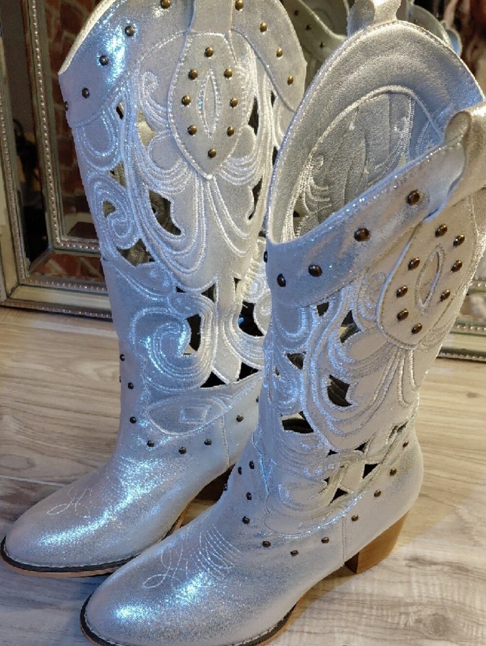 Metallic Silver Cutout Western Boots - Women's Stylish Cowboy Boots - Picture 7 of 7